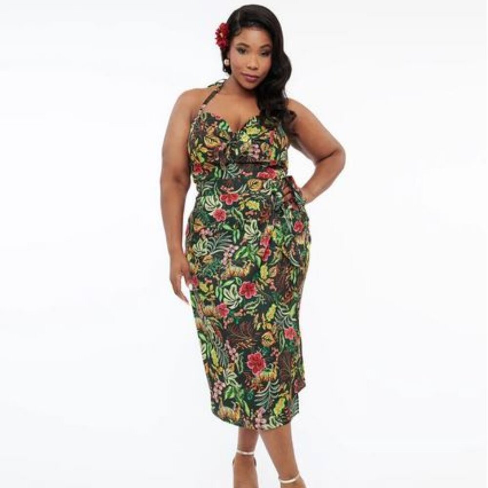 Unique Vintage Plus Size Green Jungle Cat Print Leilani Sarong Dress - 2X/18